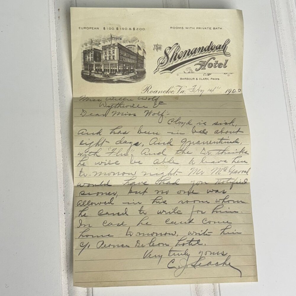 Antique Shenandoah Hotel Roanoke VA Letterhead Handwritten Vintage 1900s